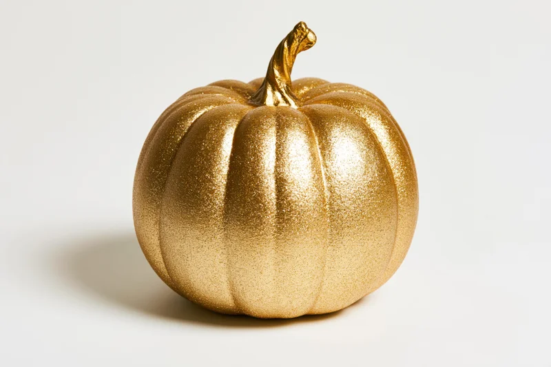 Gold-painted decorative pumpkin with glitter texture on white background