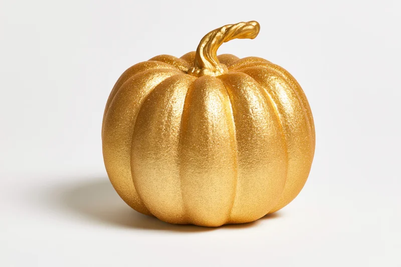 Gold-painted decorative pumpkin with glitter texture on white background