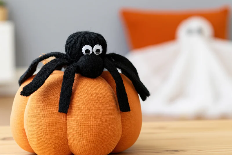 Handmade black yarn spider with googly eyes sitting on orange fabric pumpkin on wooden table