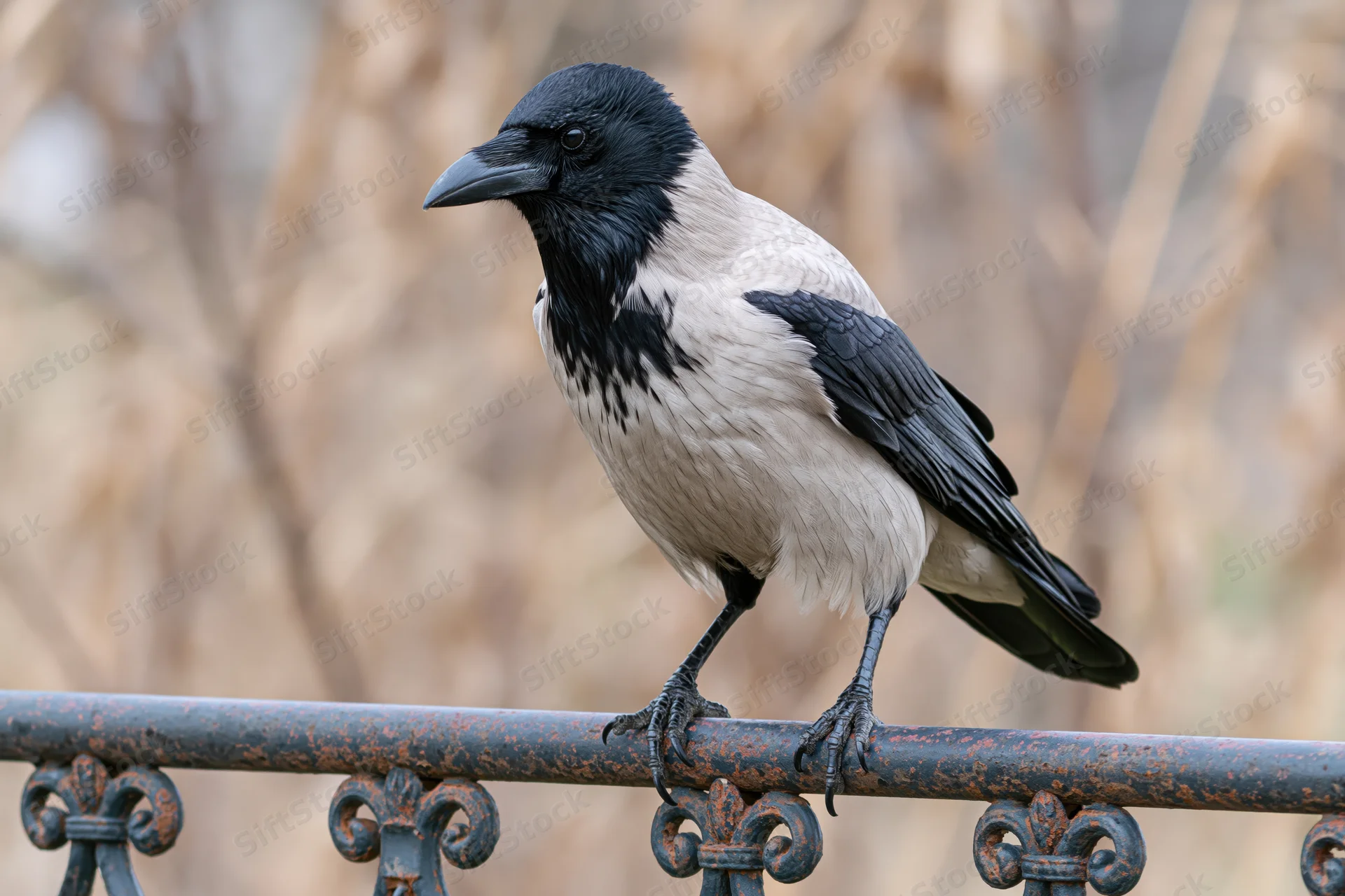 Hooded crow perched on weathered ornamental metal railing outdoors