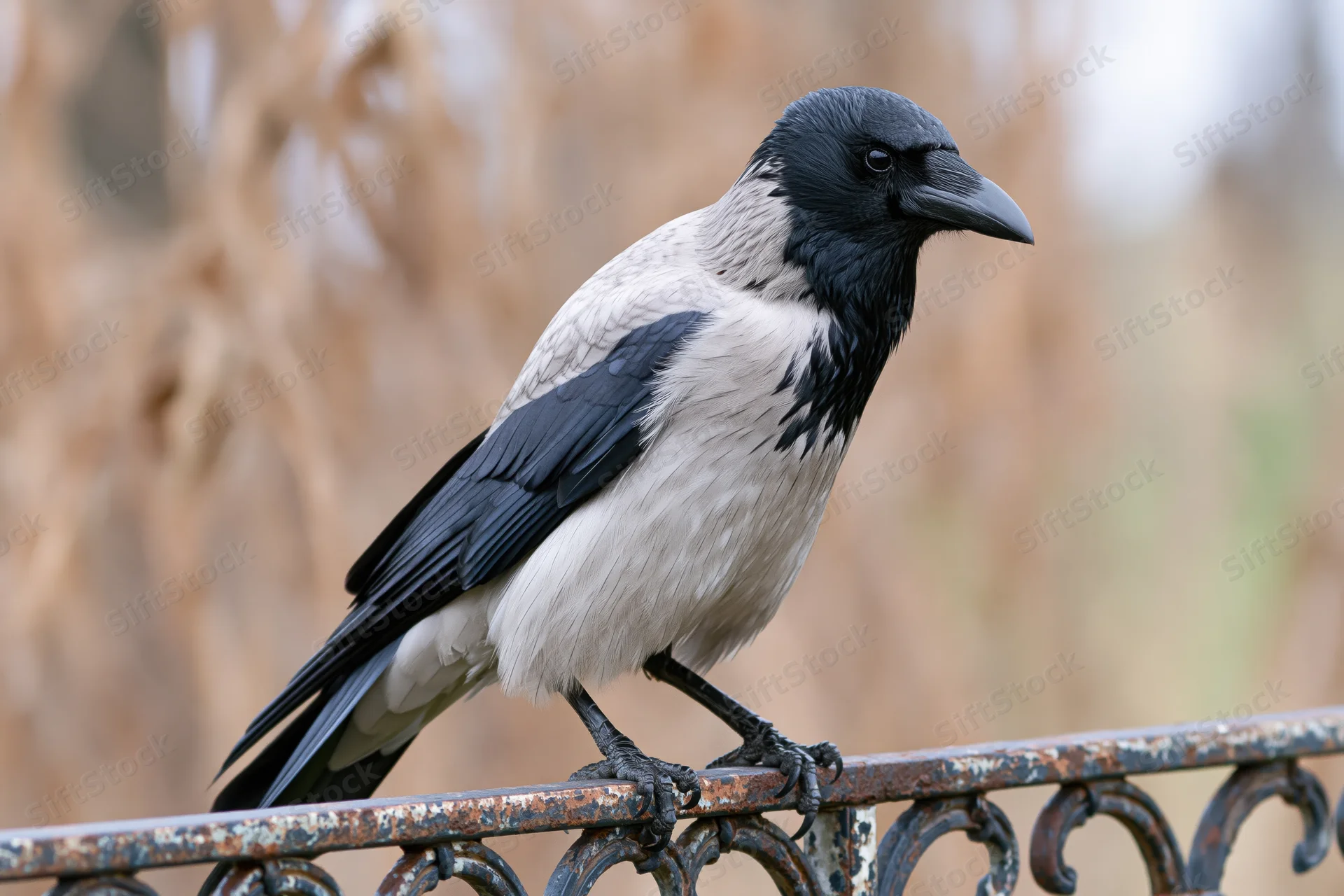 Hooded crow perched on weathered ornamental metal railing outdoors