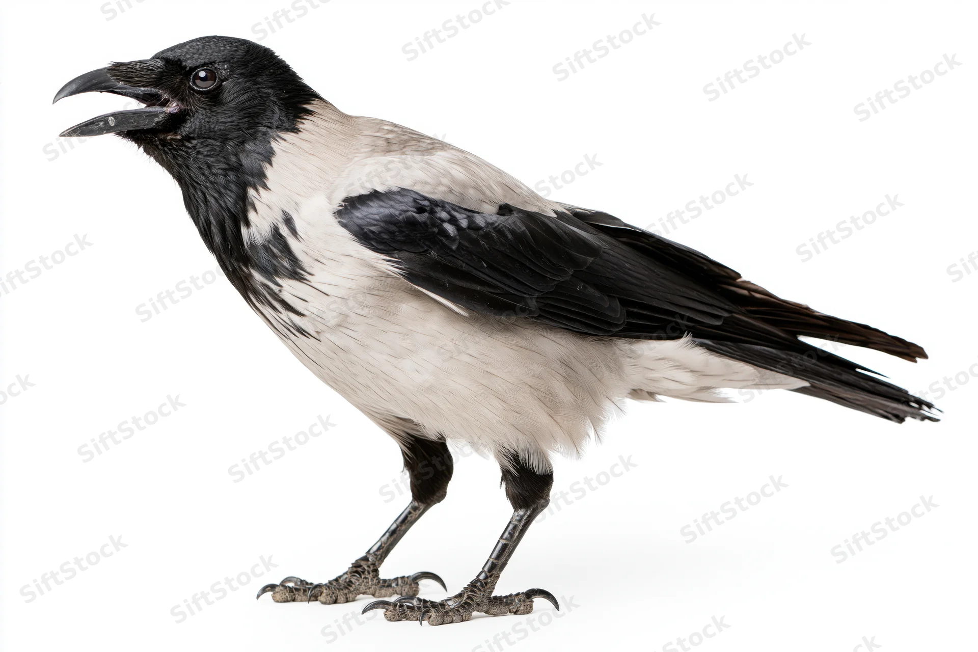 Hooded crow standing alert in profile view full body visible on white background