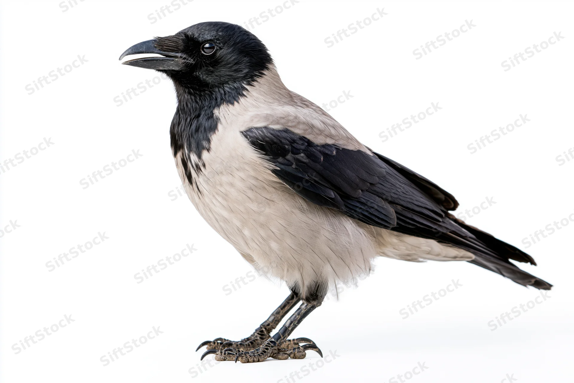 Hooded crow standing alert in profile view full body visible on white background