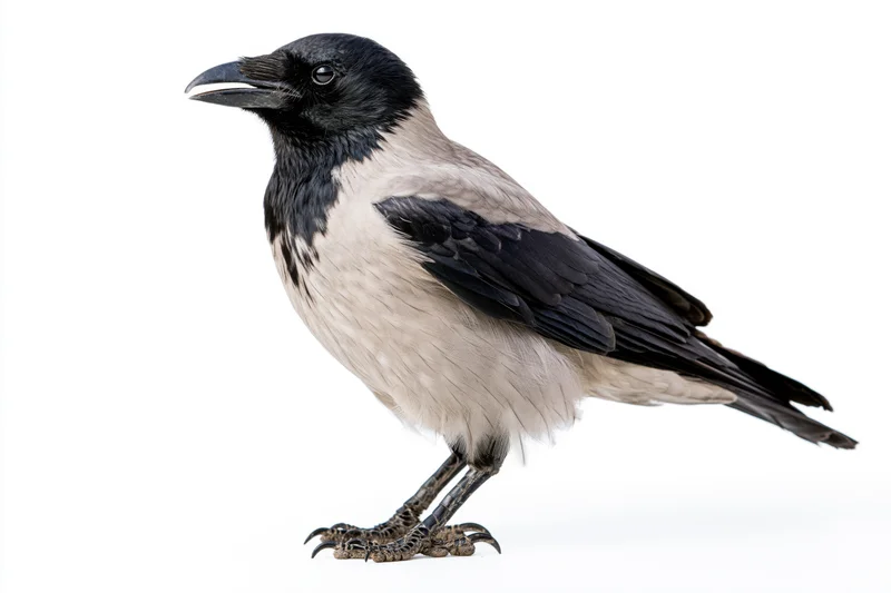 Hooded crow standing alert in profile view full body visible on white background