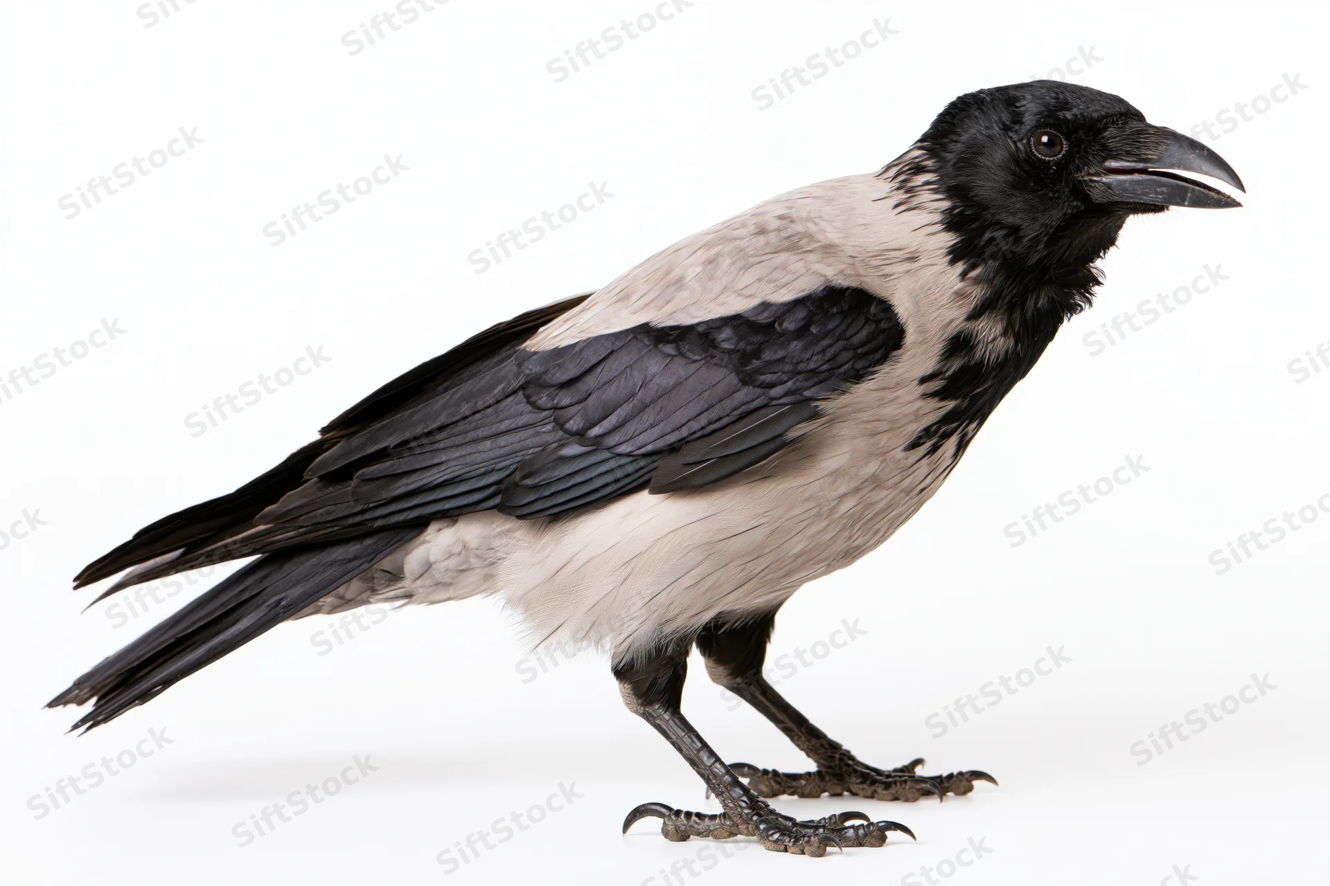 Hooded crow standing alert in profile view full body visible on white background
