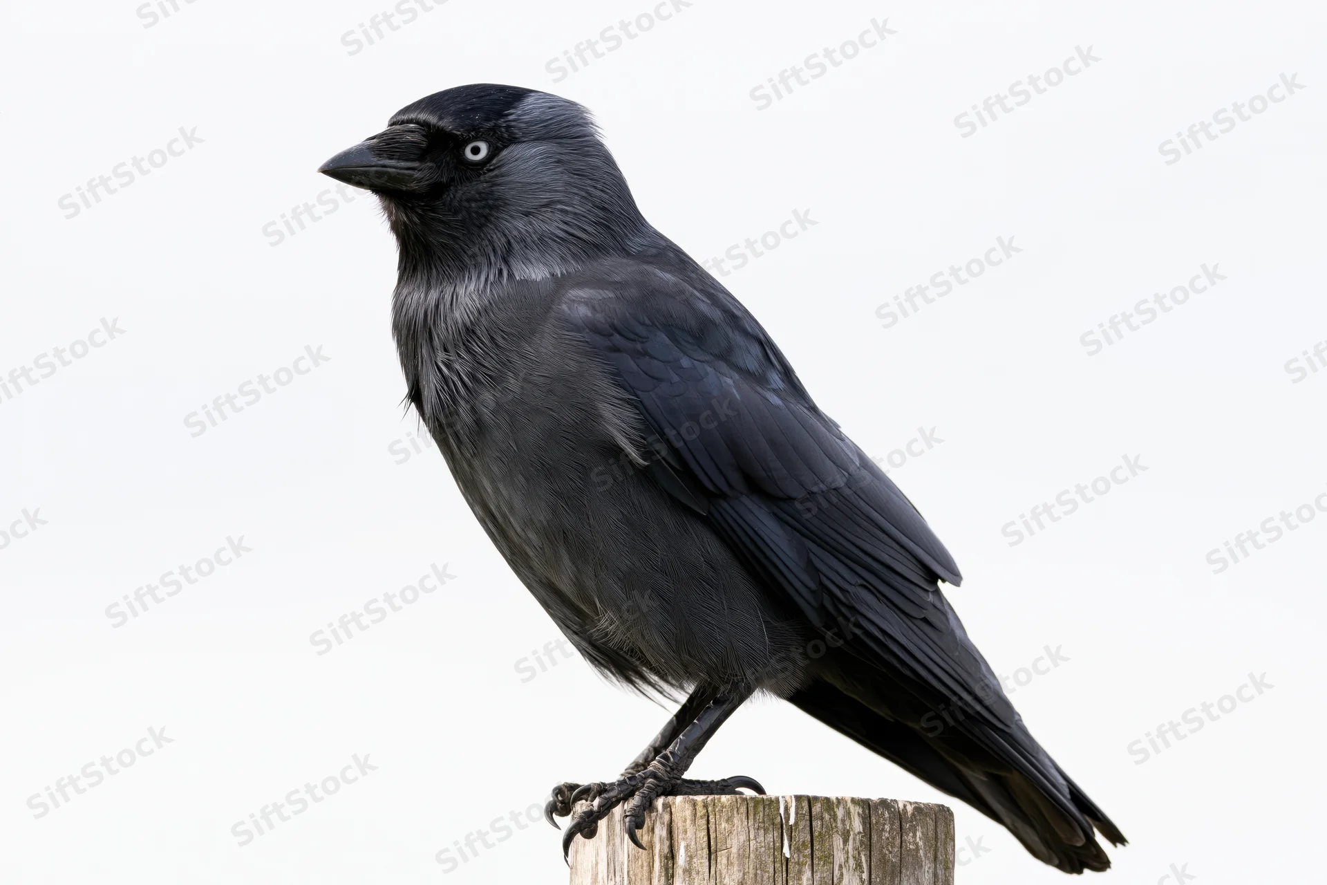 Jackdaw perched on a weathered wooden post looking slightly to the side