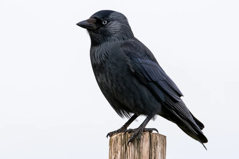 Jackdaw perched on a weathered wooden post against a white background