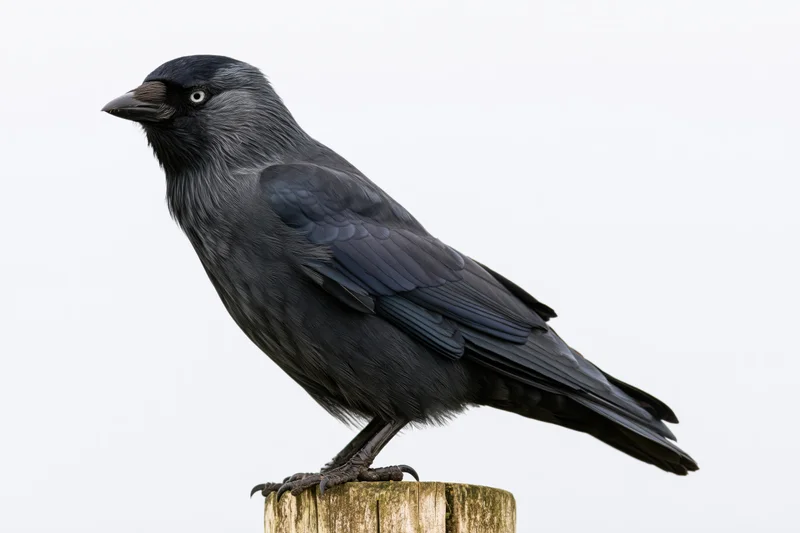 Jackdaw perched on a weathered wooden post against white background
