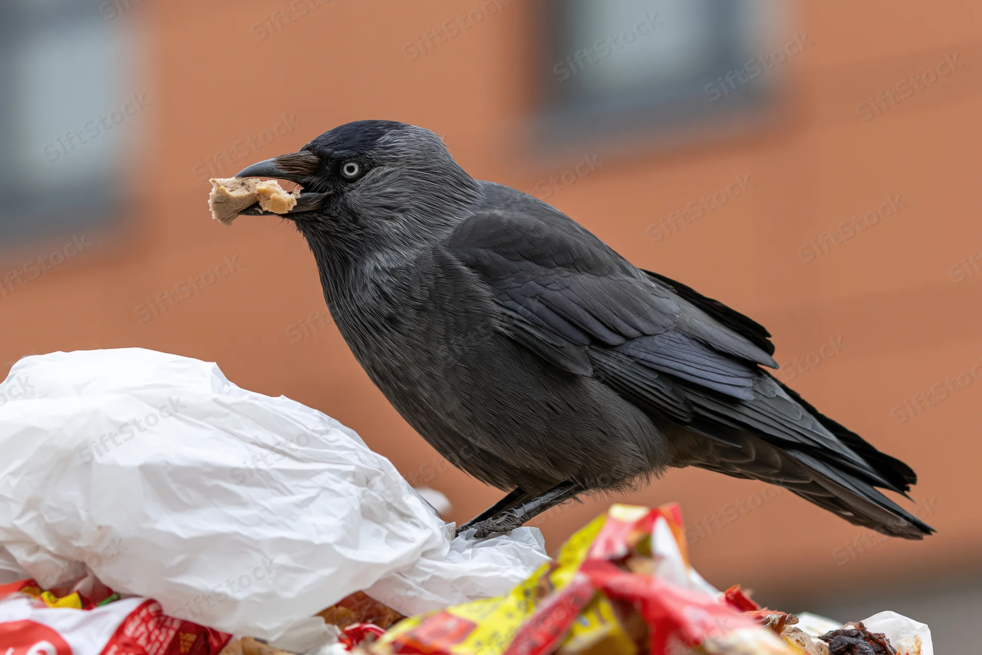 Jackdaw perched on garbage pile holding food scrap in beak