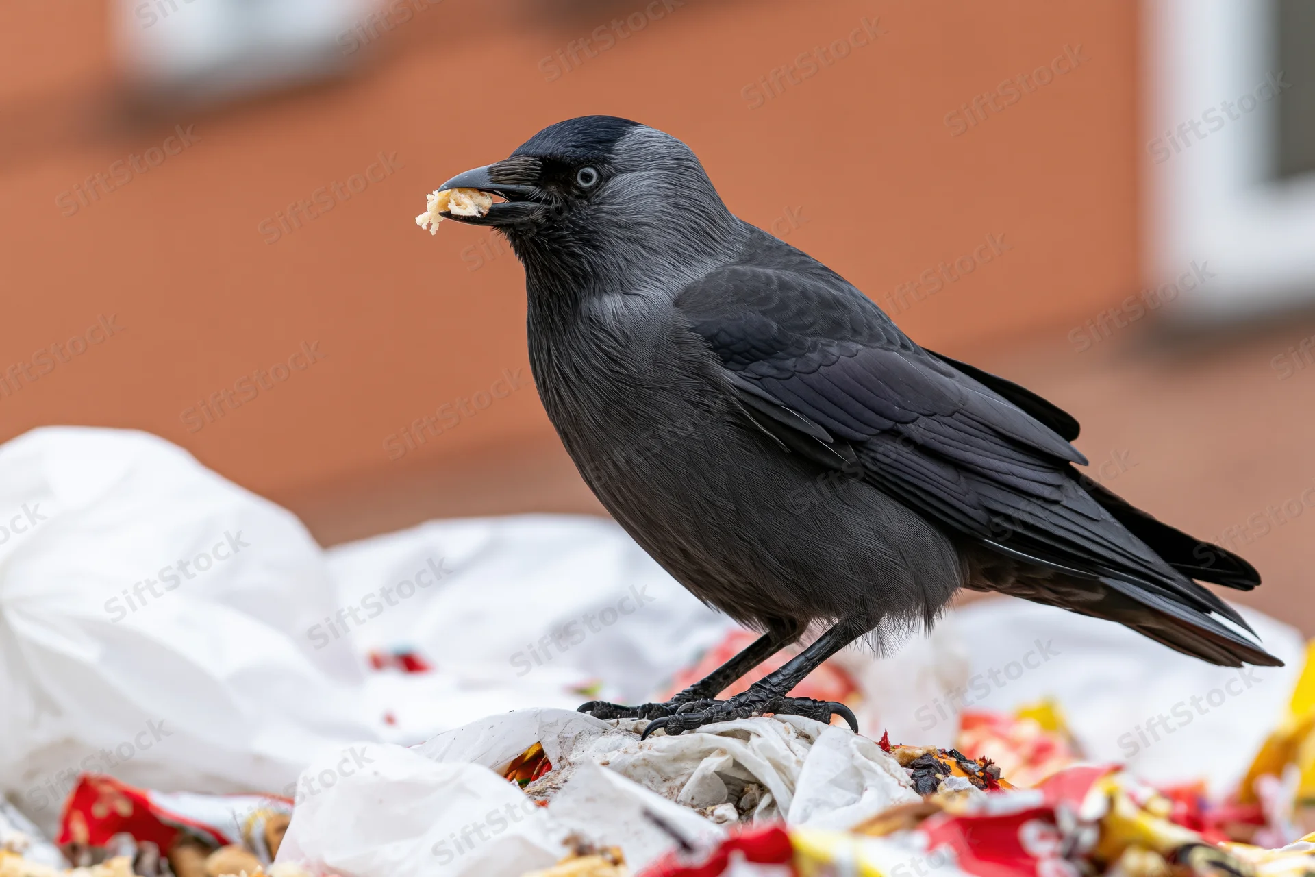 Jackdaw holding food scrap on pile of garbage in urban setting