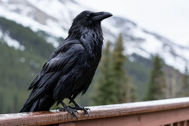 Raven perched on wet wooden railing with snowy mountains and pine trees in background