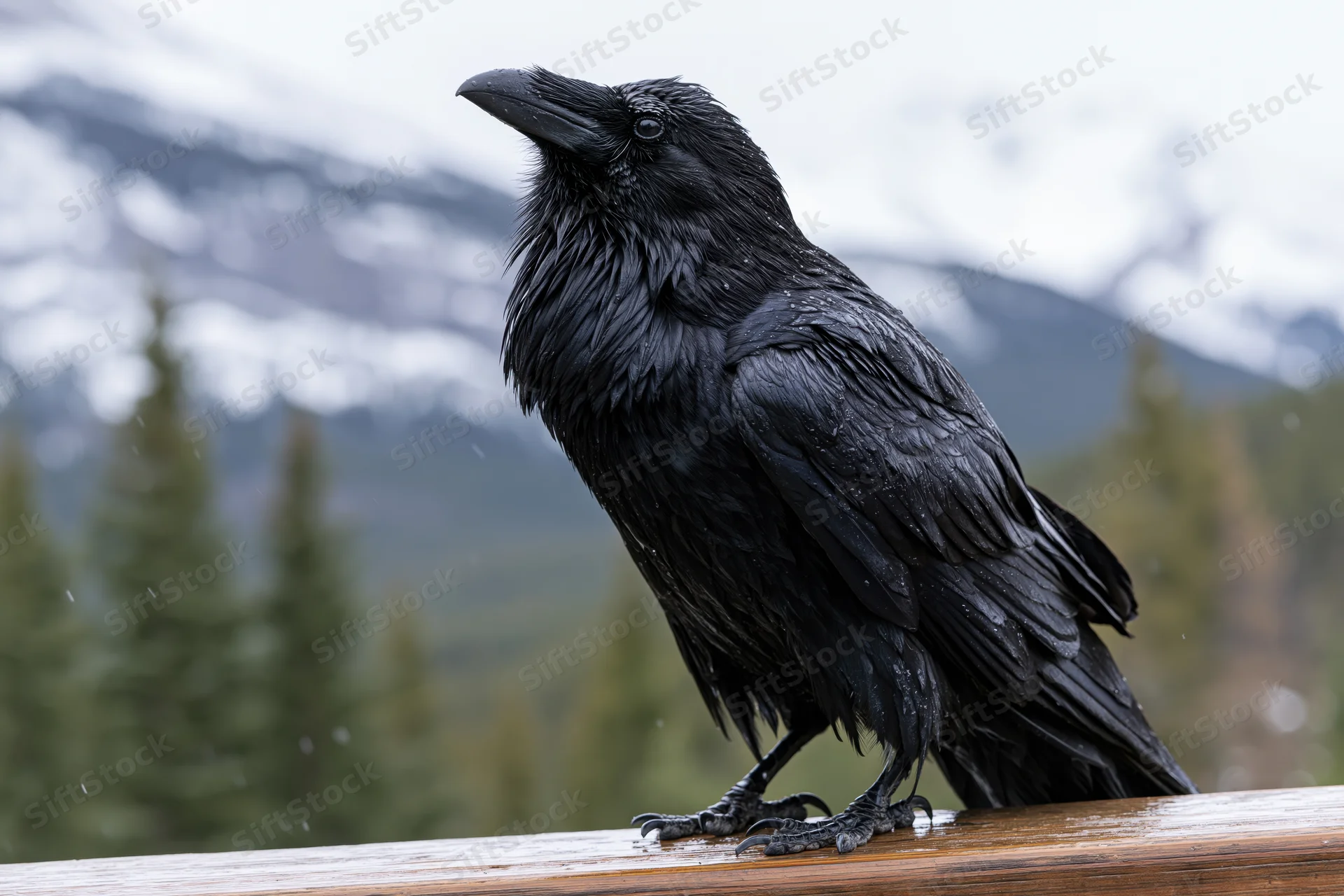 Raven perched on wet wooden railing with snowy mountains and forest in background