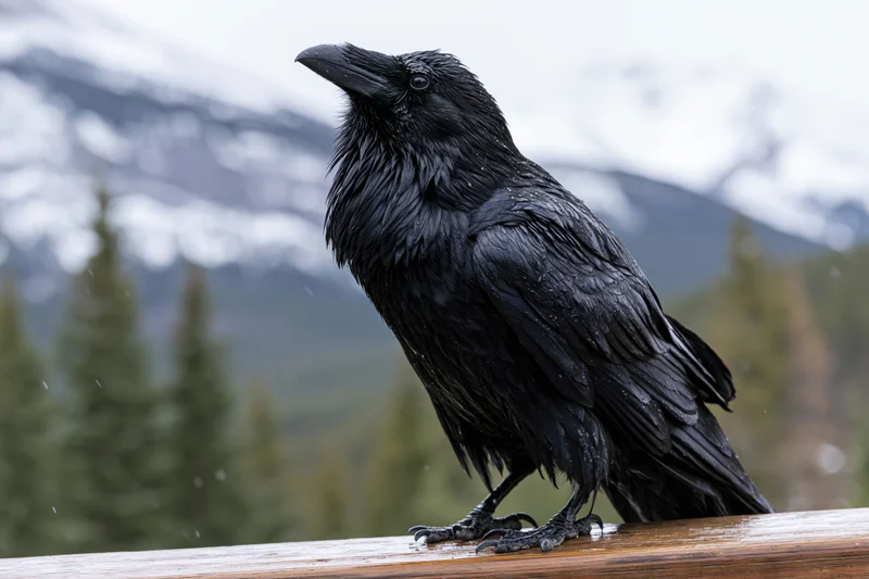 Raven perched on wet wooden railing with snowy mountains and forest in background