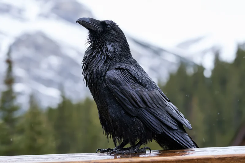 Raven perched on wet wooden railing with snowy mountains and forest in background