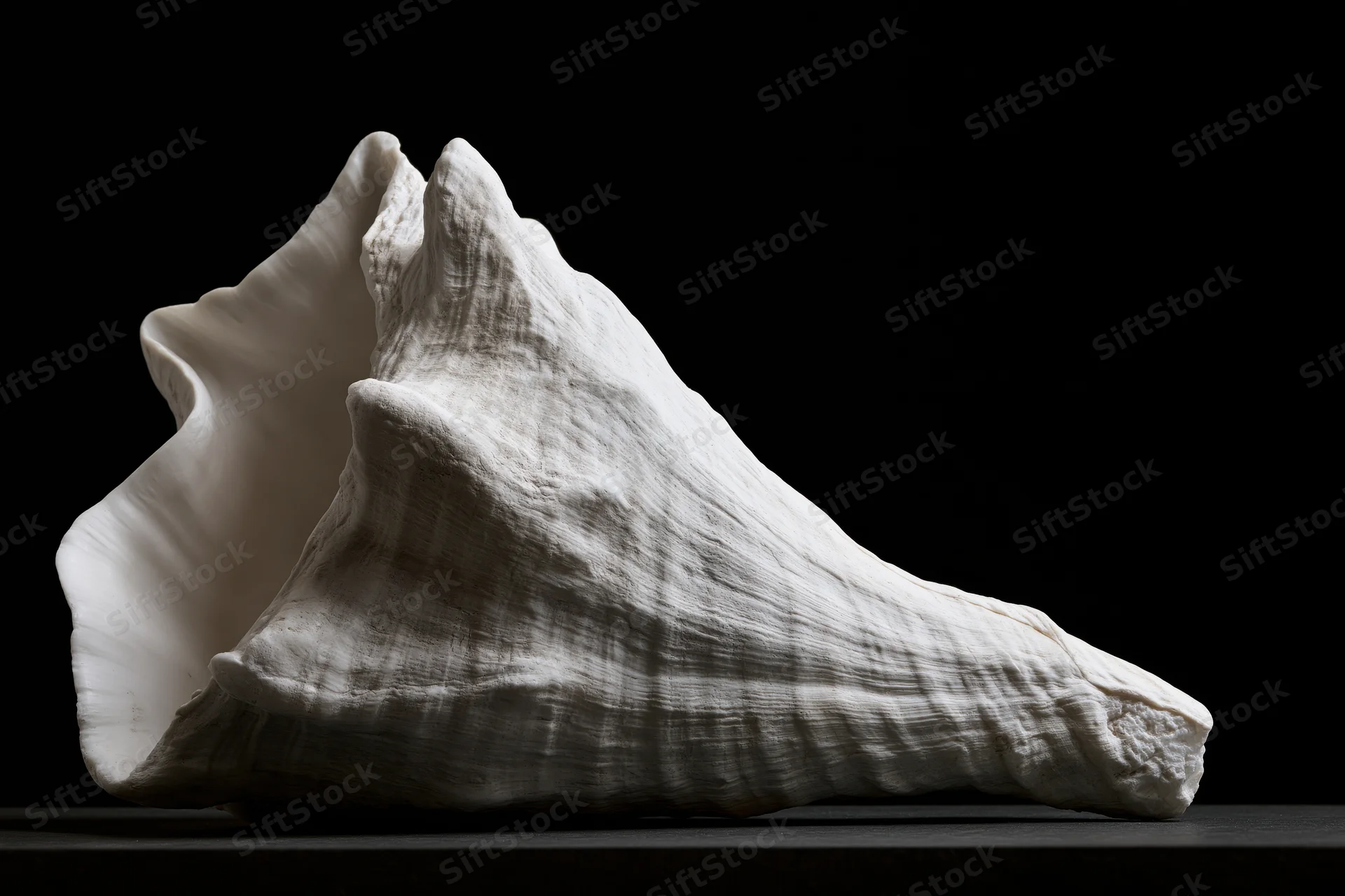 Large conch shell resting on flat surface with aperture facing left against black background