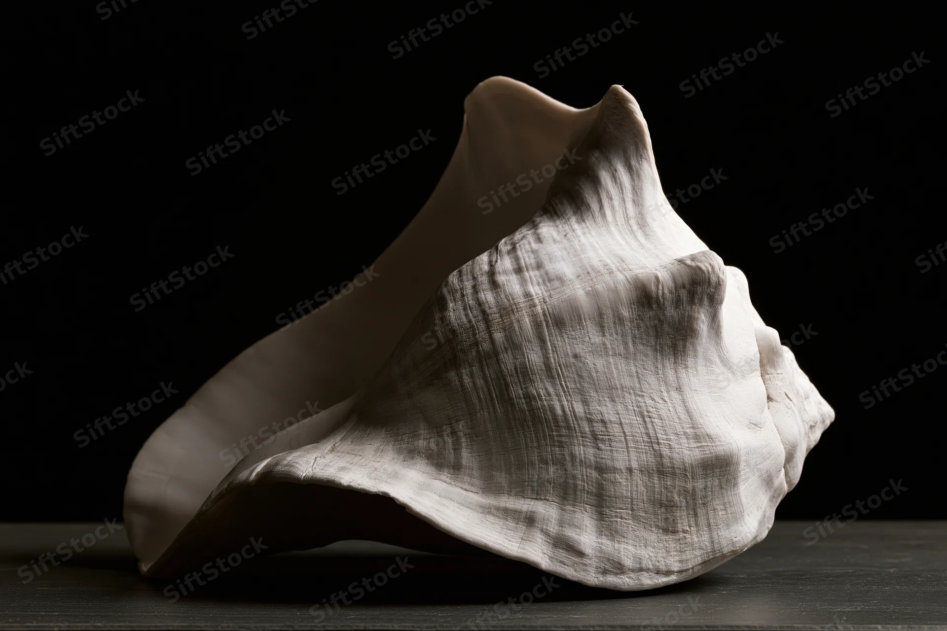 Large conch shell resting on dark surface with aperture facing upward in studio lighting