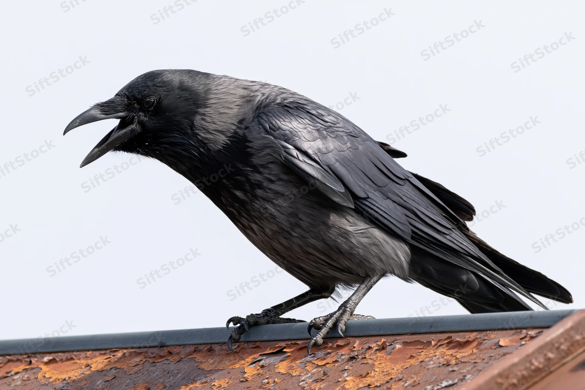 Crow perched on rusted metal rooftop edge with beak open