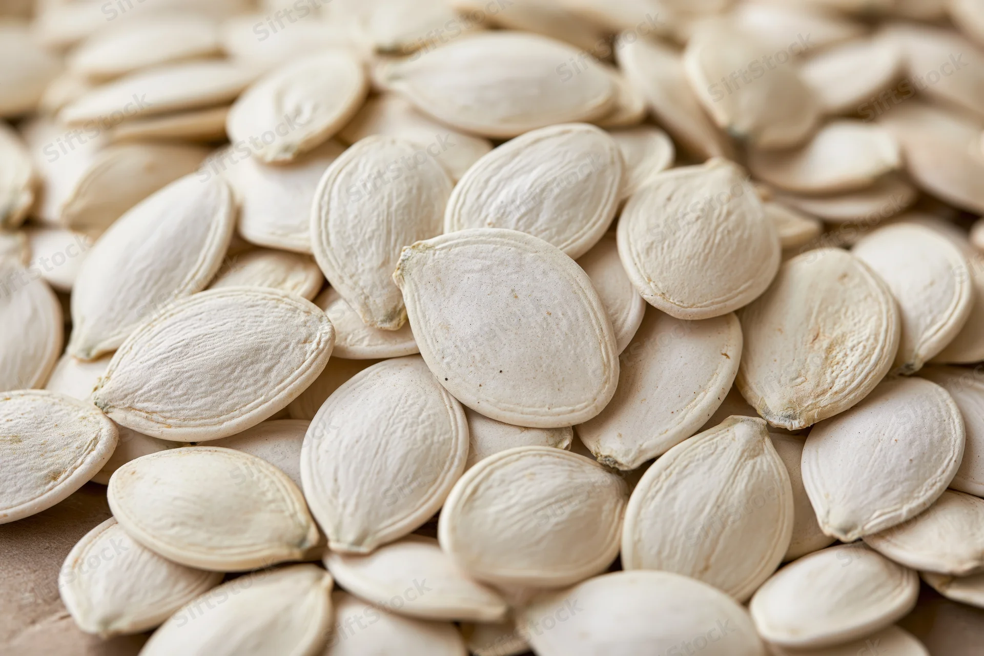 Closeup of raw white pumpkin seeds piled together filling the frame