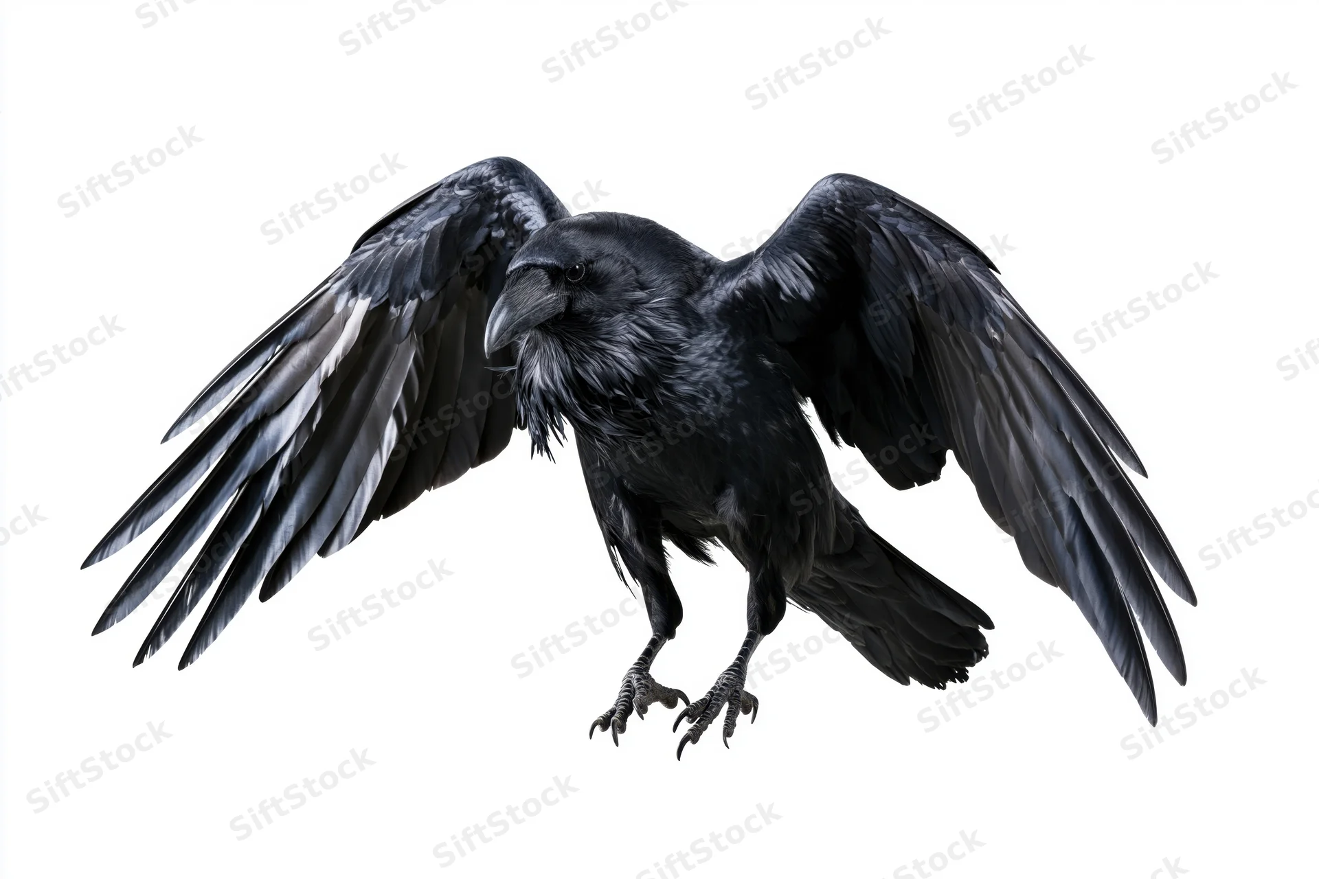 Raven in mid-flight with wings spread and talons extended against white background