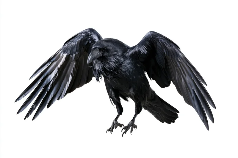 Raven in mid-flight with wings spread and talons extended against white background