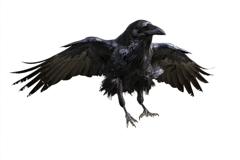 Raven in mid-flight with wings fully spread and talons extended against white background