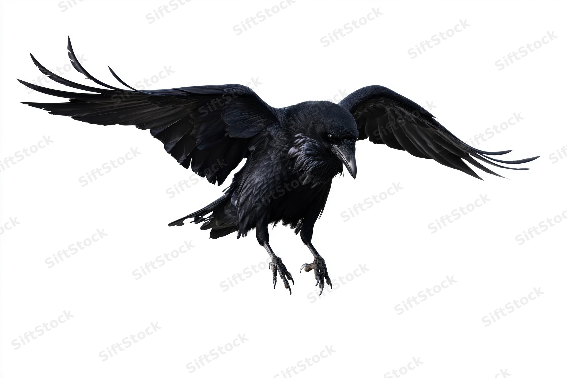 Raven in mid-flight with wings fully spread and talons extended against white background