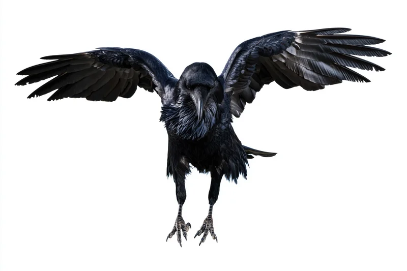 Raven in mid-flight with wings spread and talons extended against white background