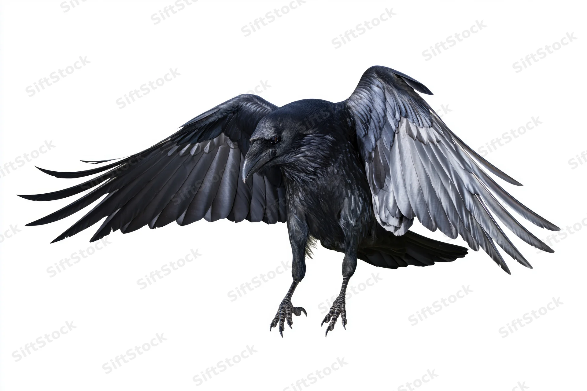 Raven in mid-flight with wings spread and talons extended against white background