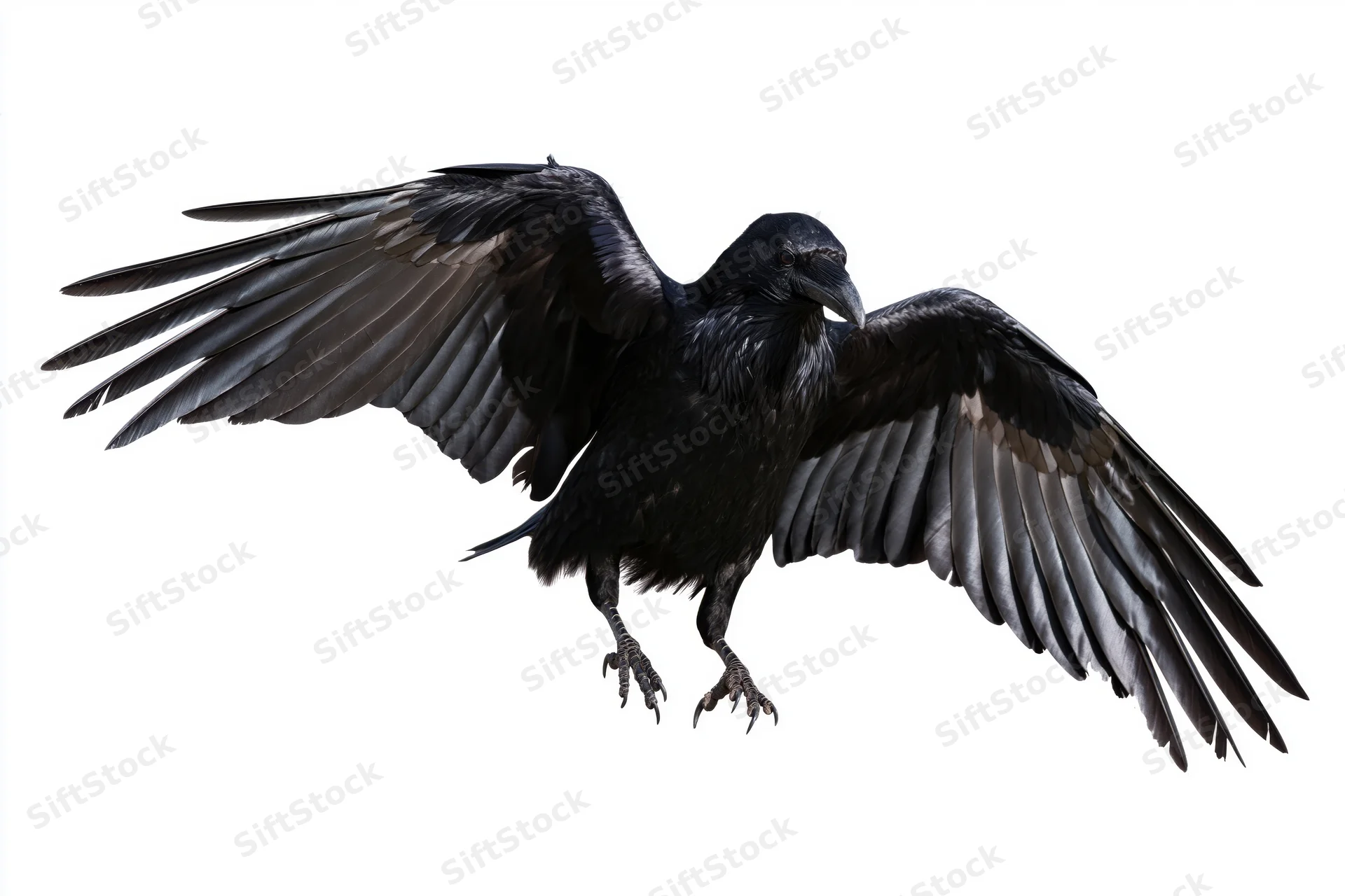Raven in mid-flight with wings fully spread and talons extended against white background