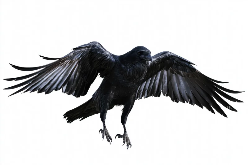 Raven in mid-flight with wings fully spread and talons extended against white background