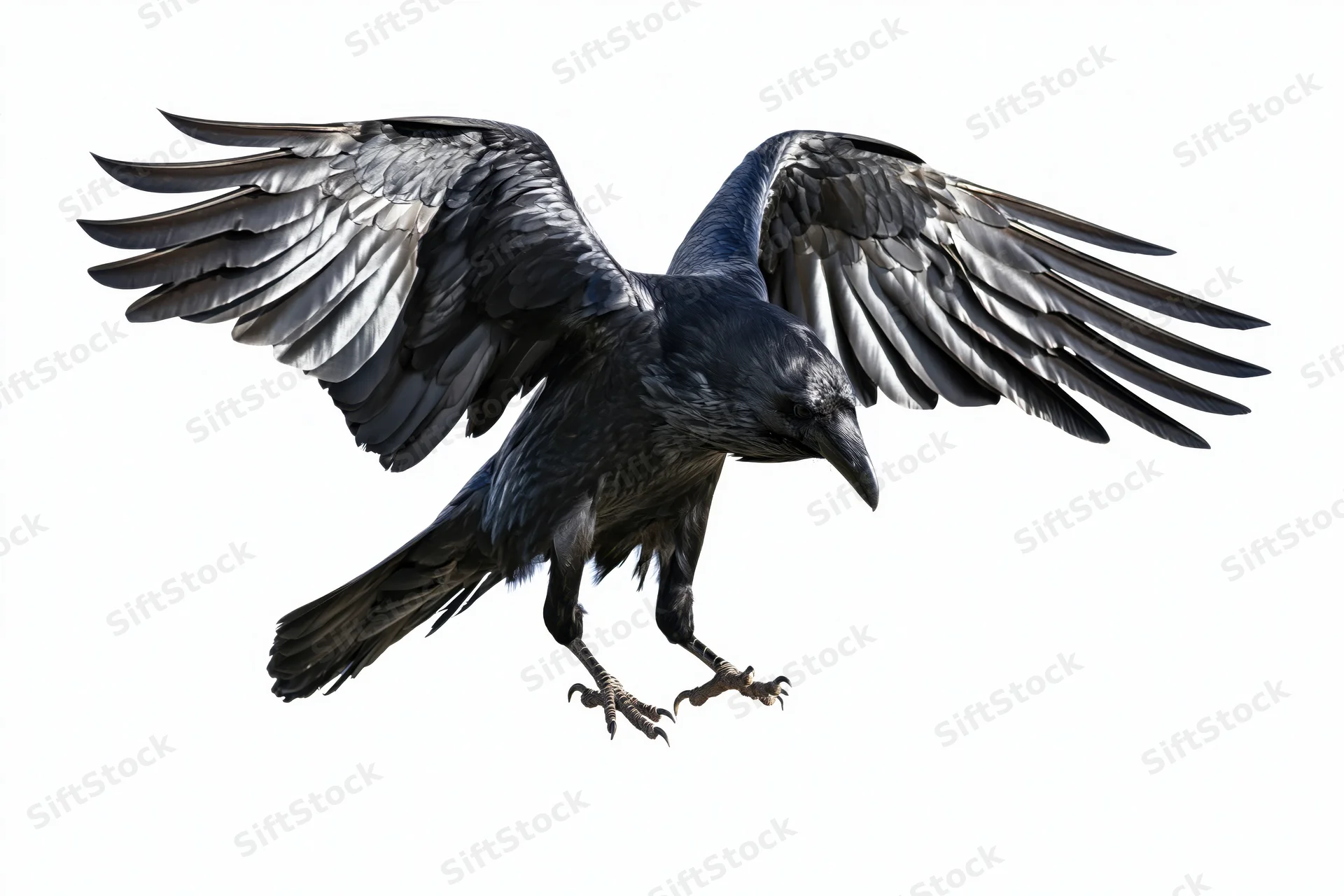 Raven in mid-flight with wings spread and talons extended against white background