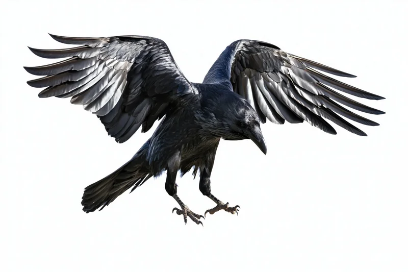 Raven in mid-flight with wings spread and talons extended against white background