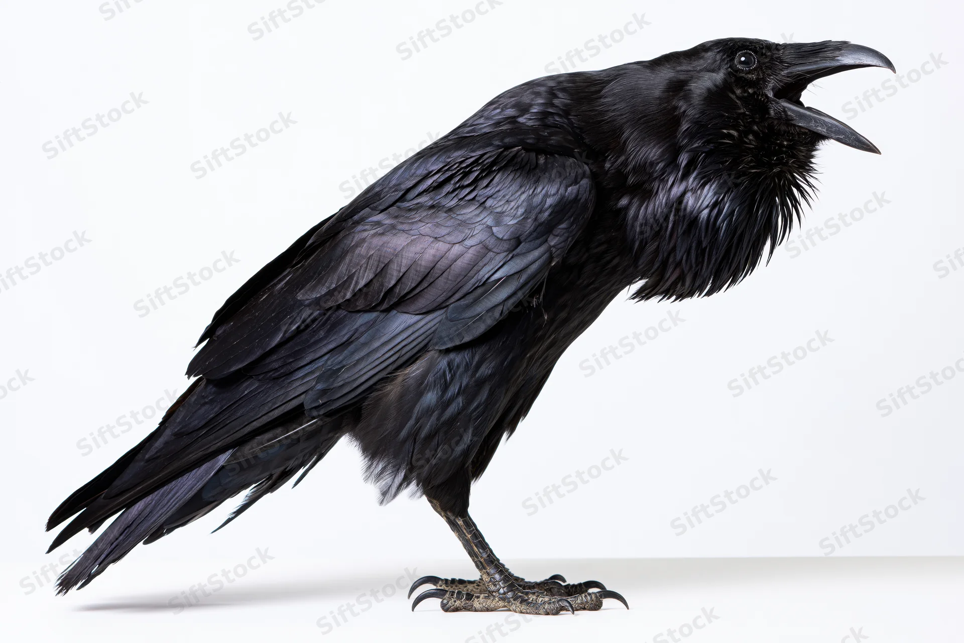 Raven standing with beak open mid-call on white background