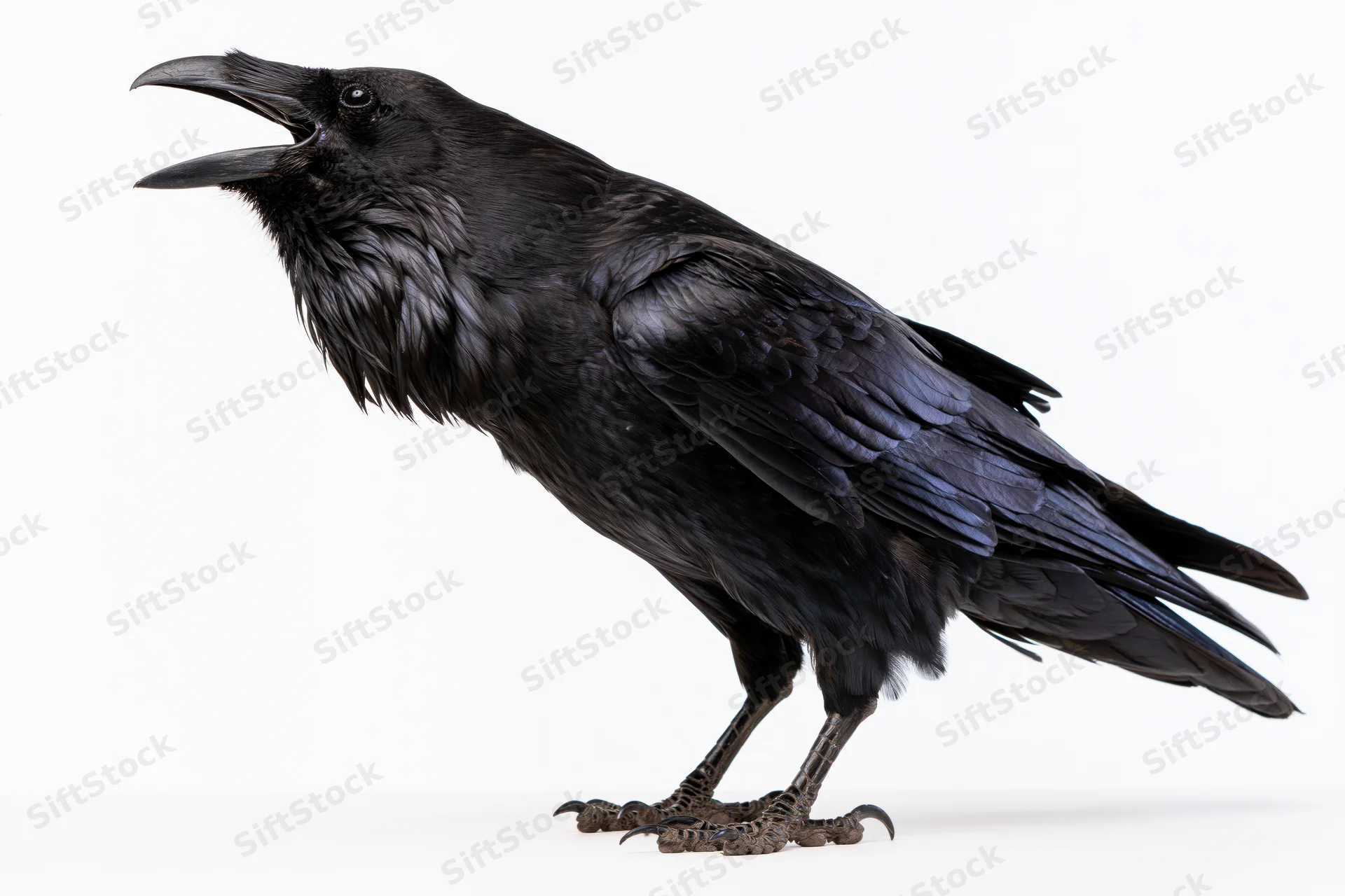 Raven with open beak vocalizing while standing on a white surface