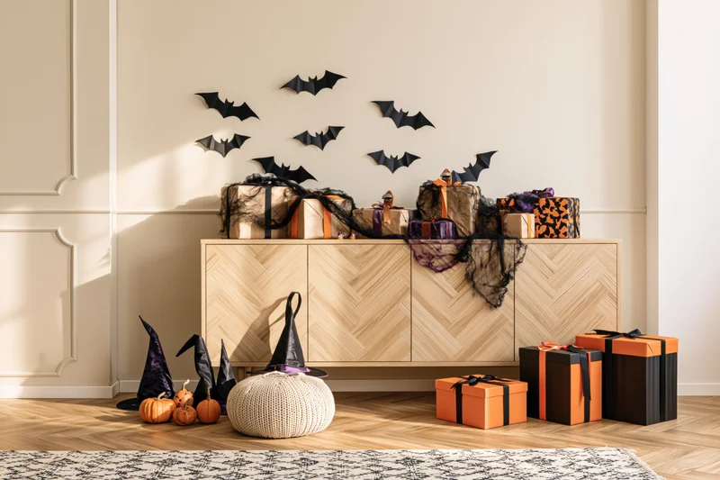 Halloween decorations with gifts and bats on a wooden cabinet in a living room corner