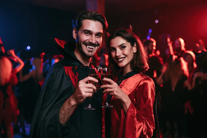 Couple in vampire and devil costumes toasting with champagne glasses at a halloween party