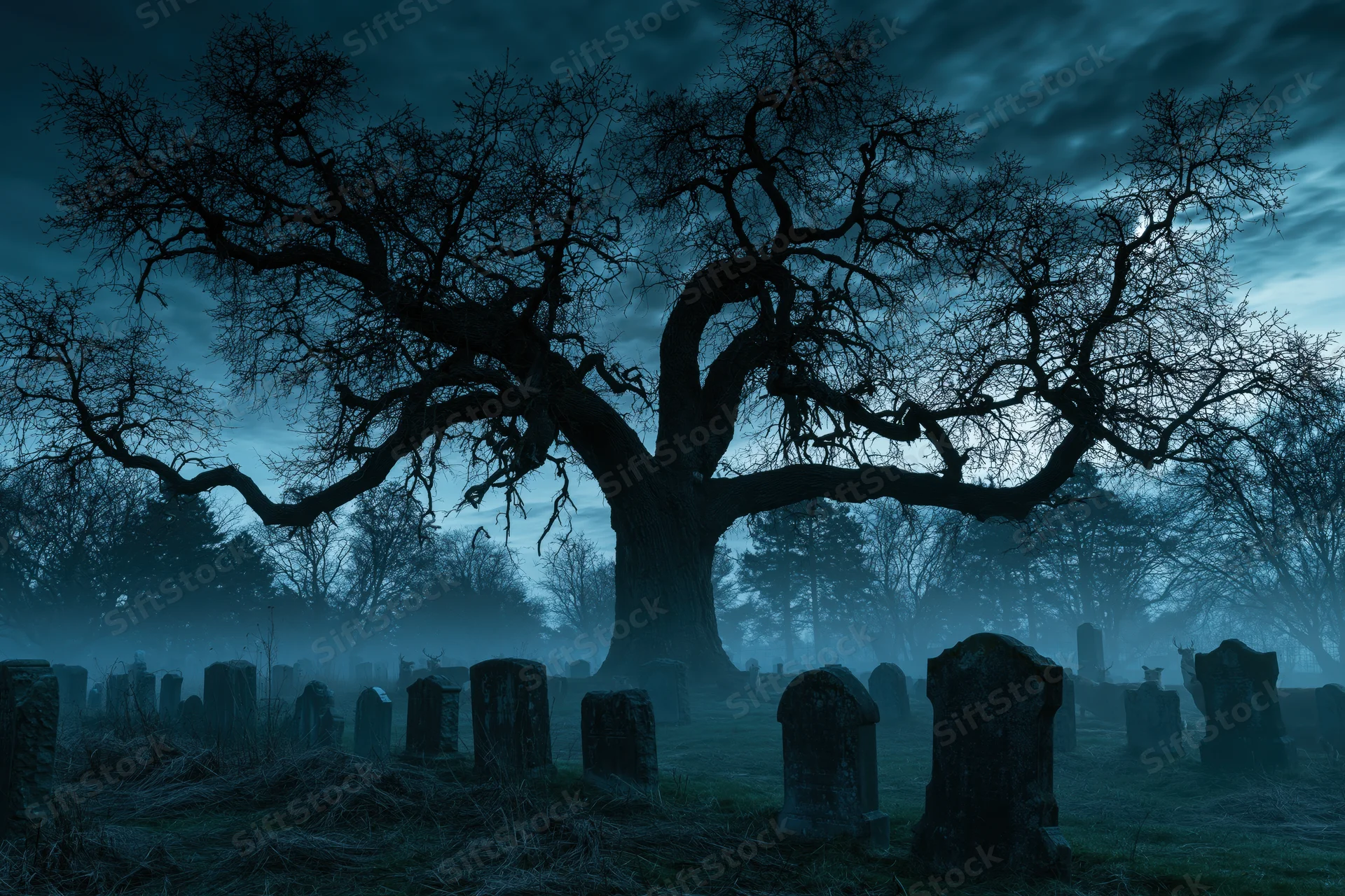 Ancient oak tree with gnarled branches silhouetted over foggy graveyard at night