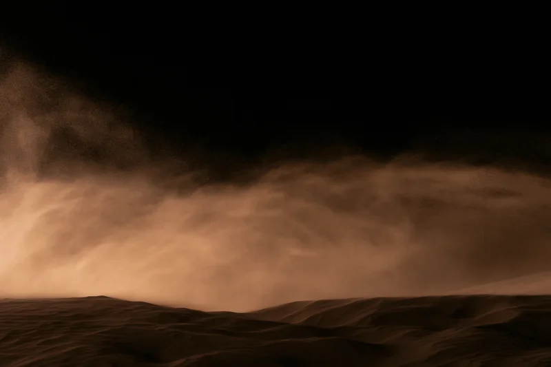 Massive sandstorm haboob rolling across desert dunes under dark sky