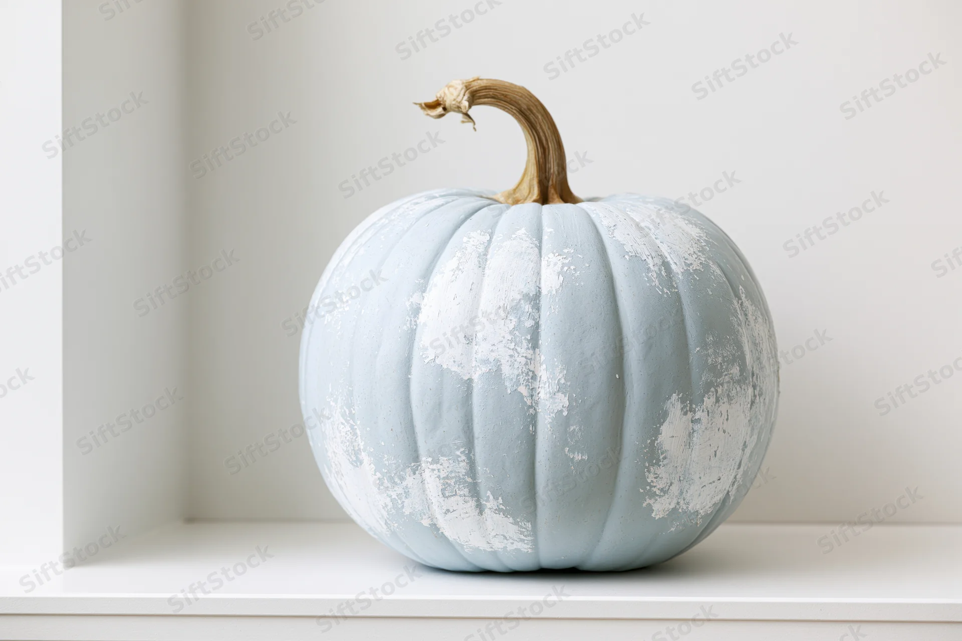 Painted blue pumpkin with distressed white finish on white shelf