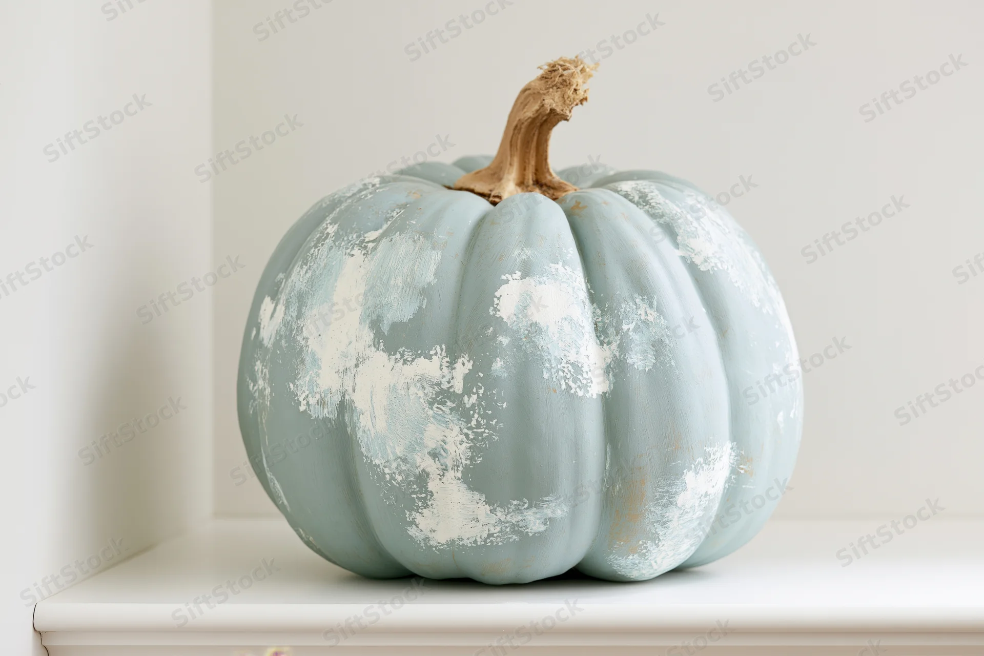 Painted blue pumpkin with distressed white finish on white shelf