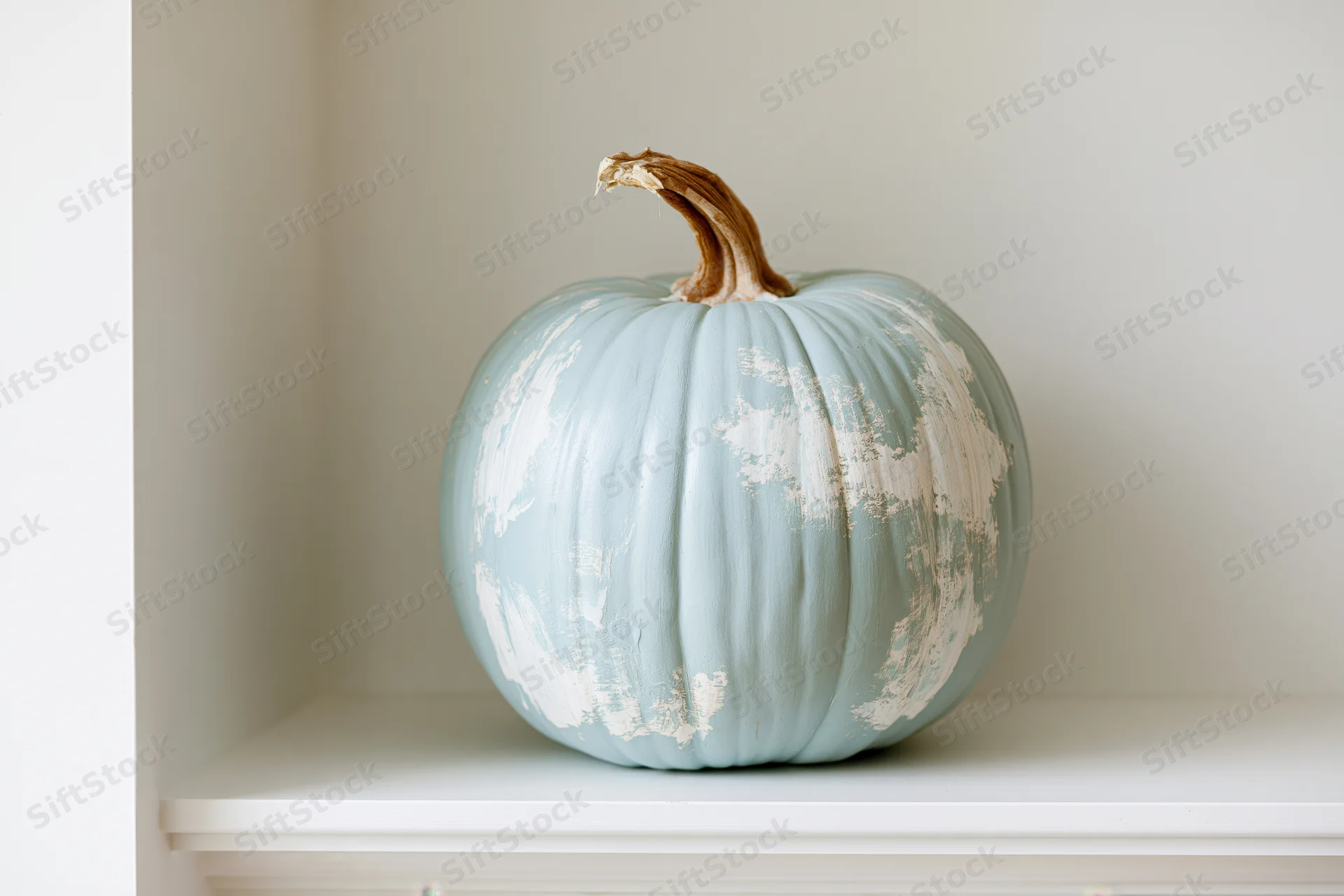 Painted blue pumpkin with white distressed finish on white shelf