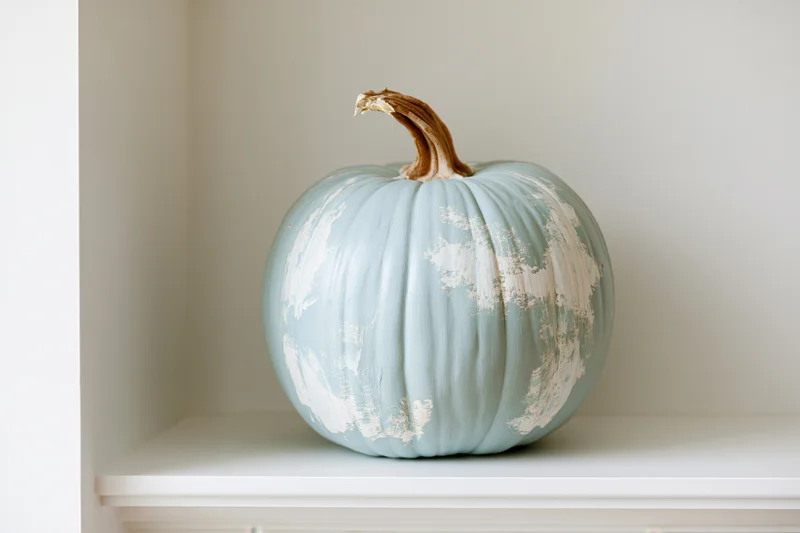 Painted blue pumpkin with white distressed finish on white shelf