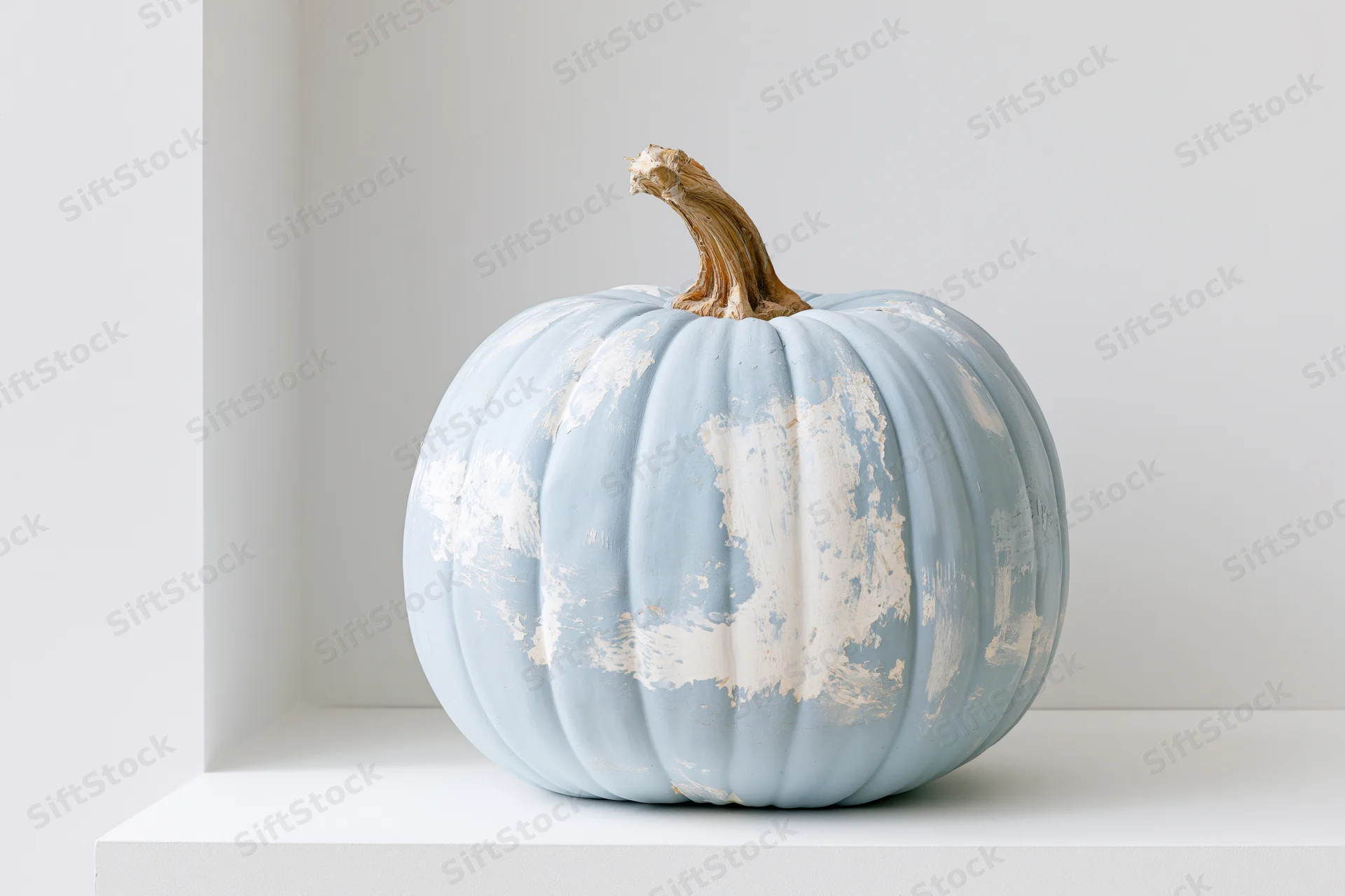 Painted blue pumpkin with distressed white paint on a white shelf
