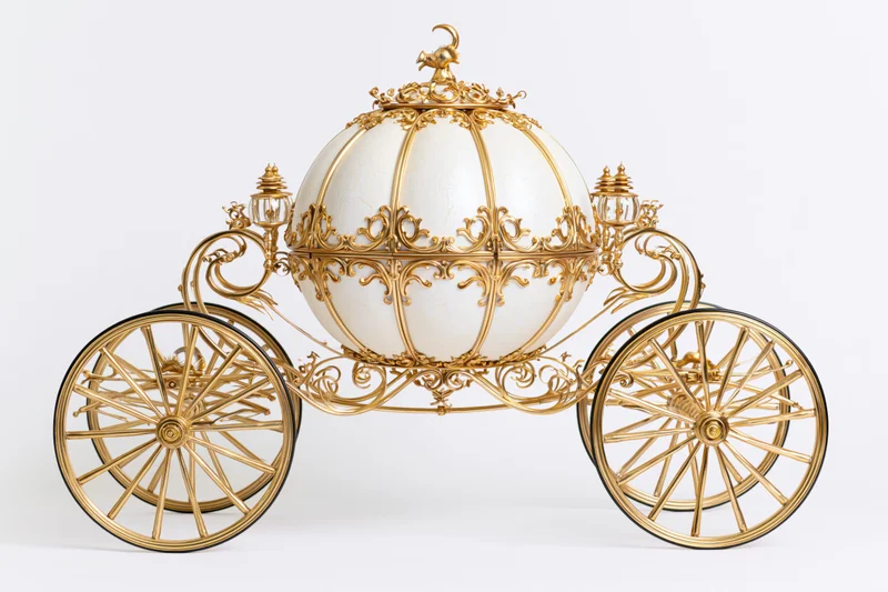 Ornate golden royal carriage with pumpkin-shaped body and decorative wheels on white background