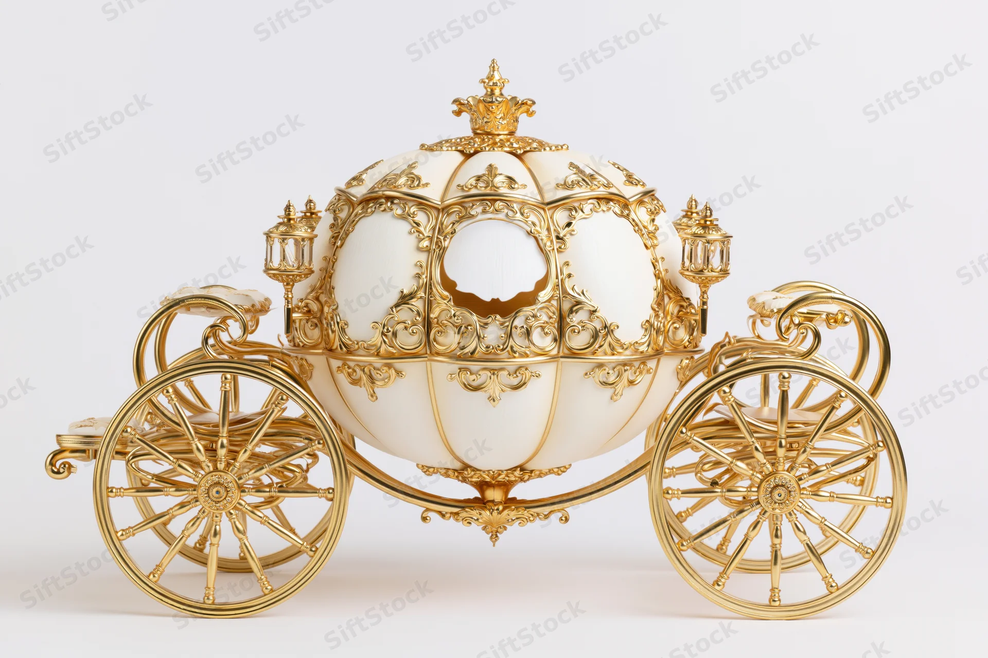 Ornate royal fairy-tale carriage shaped like a pumpkin with gold detailing on white background