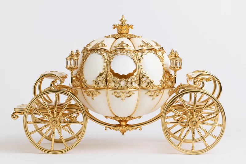 Ornate royal fairy-tale carriage shaped like a pumpkin with gold detailing on white background