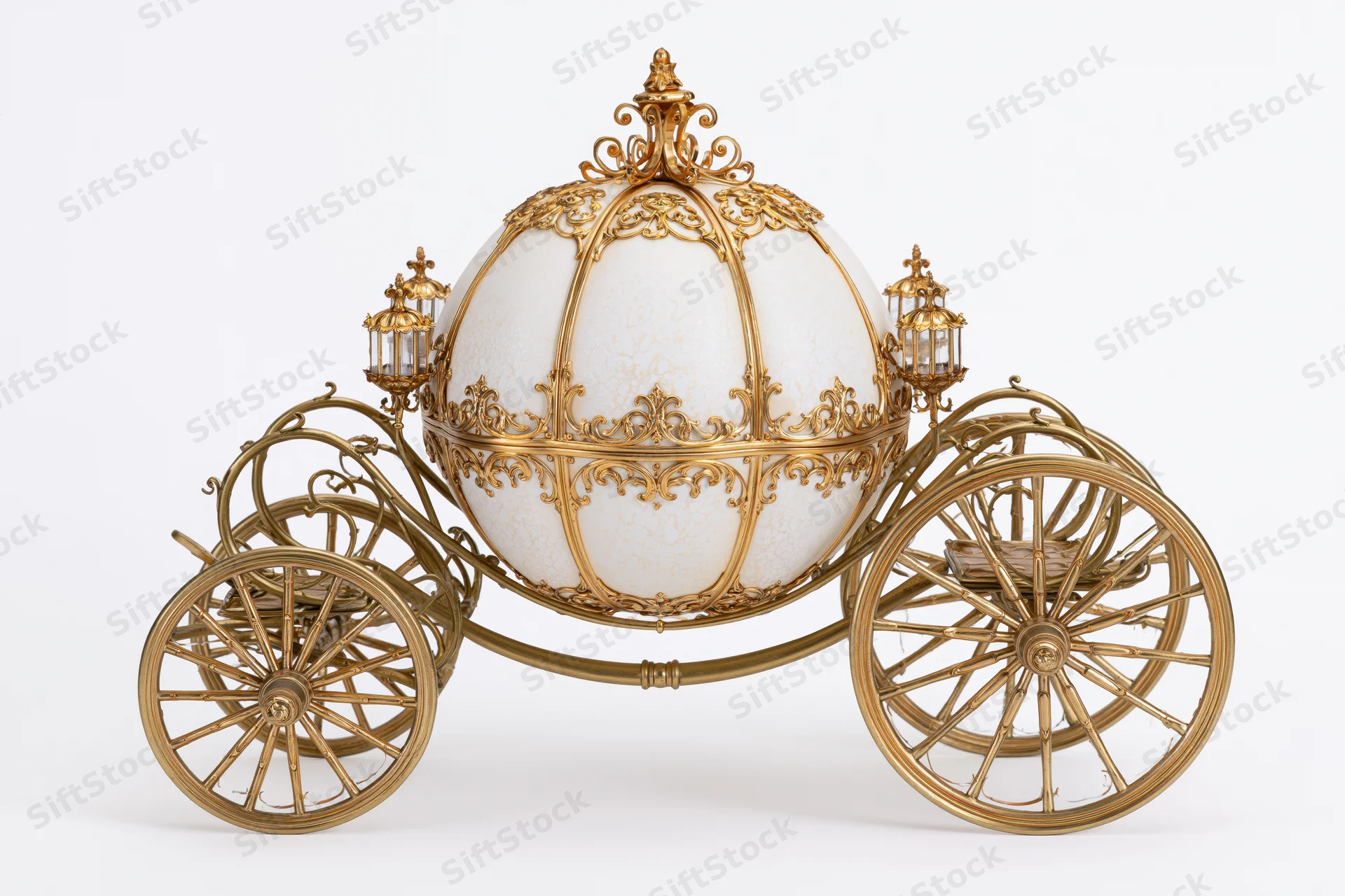 Ornate golden royal carriage with pumpkin-shaped body and lanterns on white background