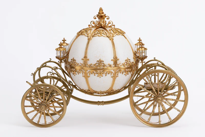 Ornate golden royal carriage with pumpkin-shaped body and lanterns on white background