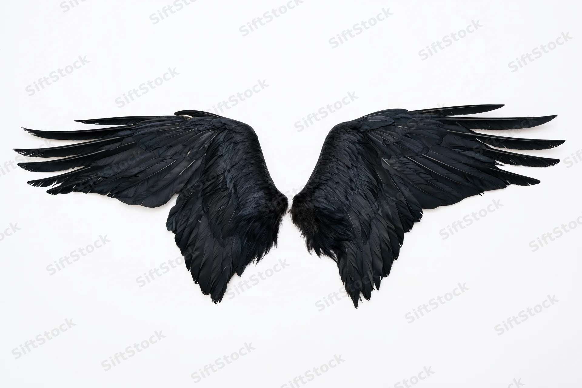 Pair of black bird wings spread symmetrically on white background