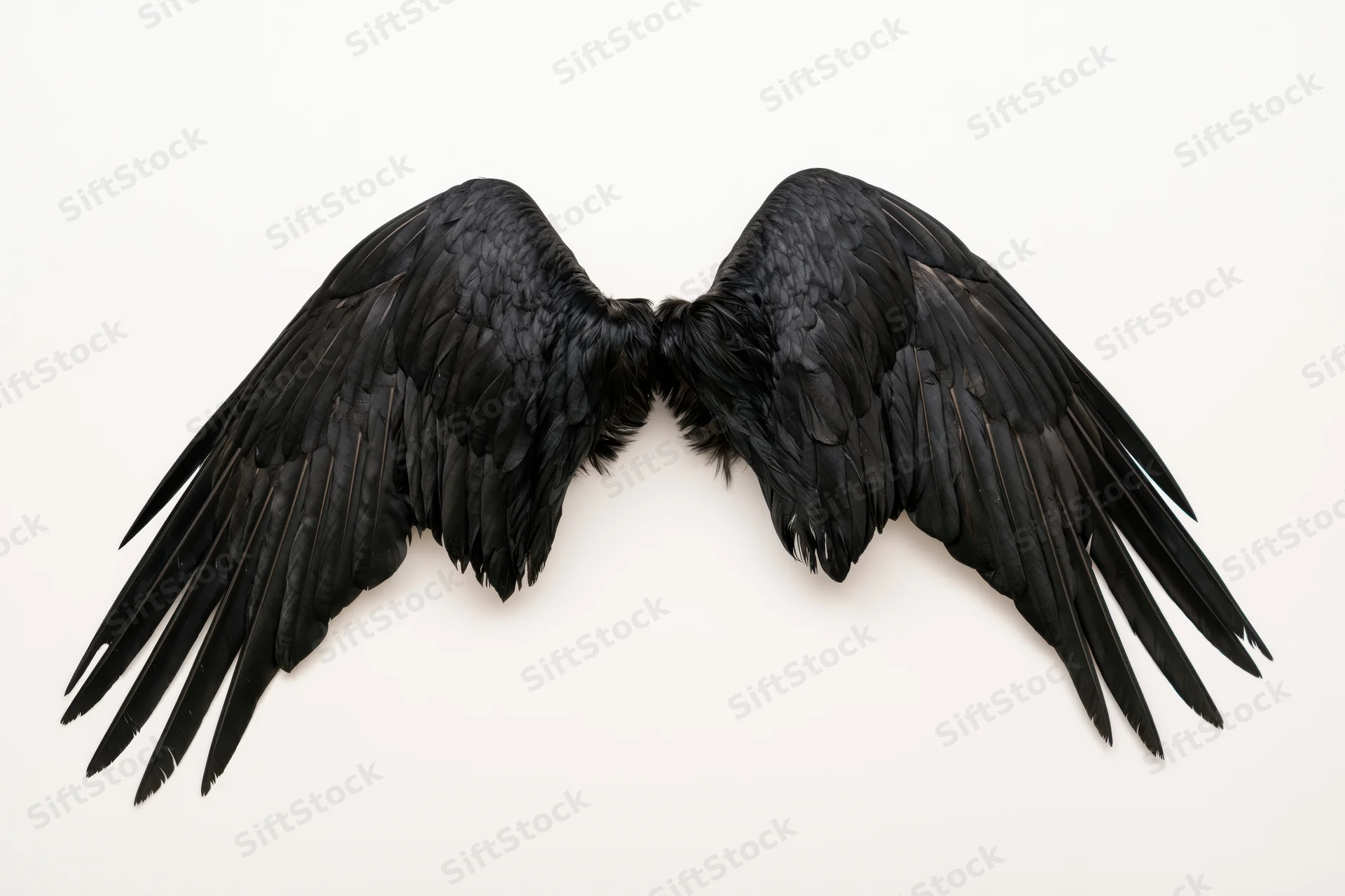 Pair of black bird wings spread symmetrically on white background